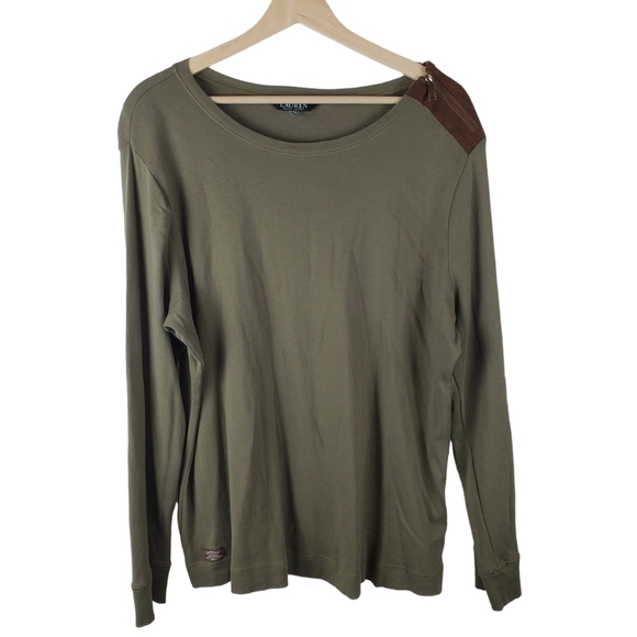 Lauren Ralph Lauren Tops - Lauren Ralph Lauren Tshirt Womens XL‎ Green Faux Suede Zip Shoulder Equestrian